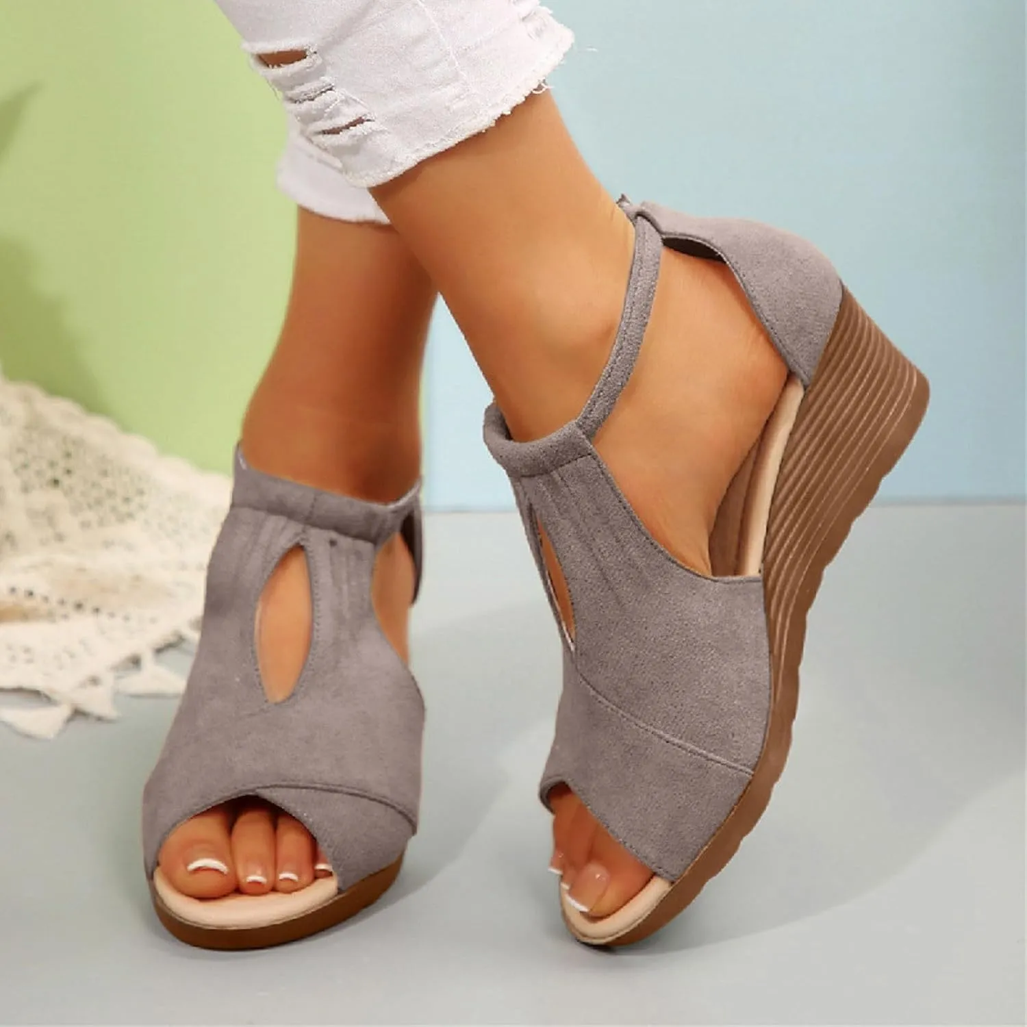 Women's Leather Platform Wedge Orthopedic Sandals 2025 Open Toe Fish Mouth Hollow Classic Chunky Heeled Platform Sandals Summer Casual Thick Sole Walking Wedge Sandals