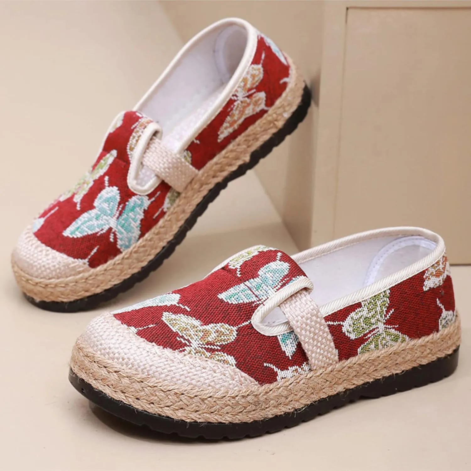 Women's Linen Woven Butterfly Embroidery Flat Loafers,Low-Top Pumps Slip On Casual Platform Espadrilles Smoking Retro Mary Janes Walking Shoes