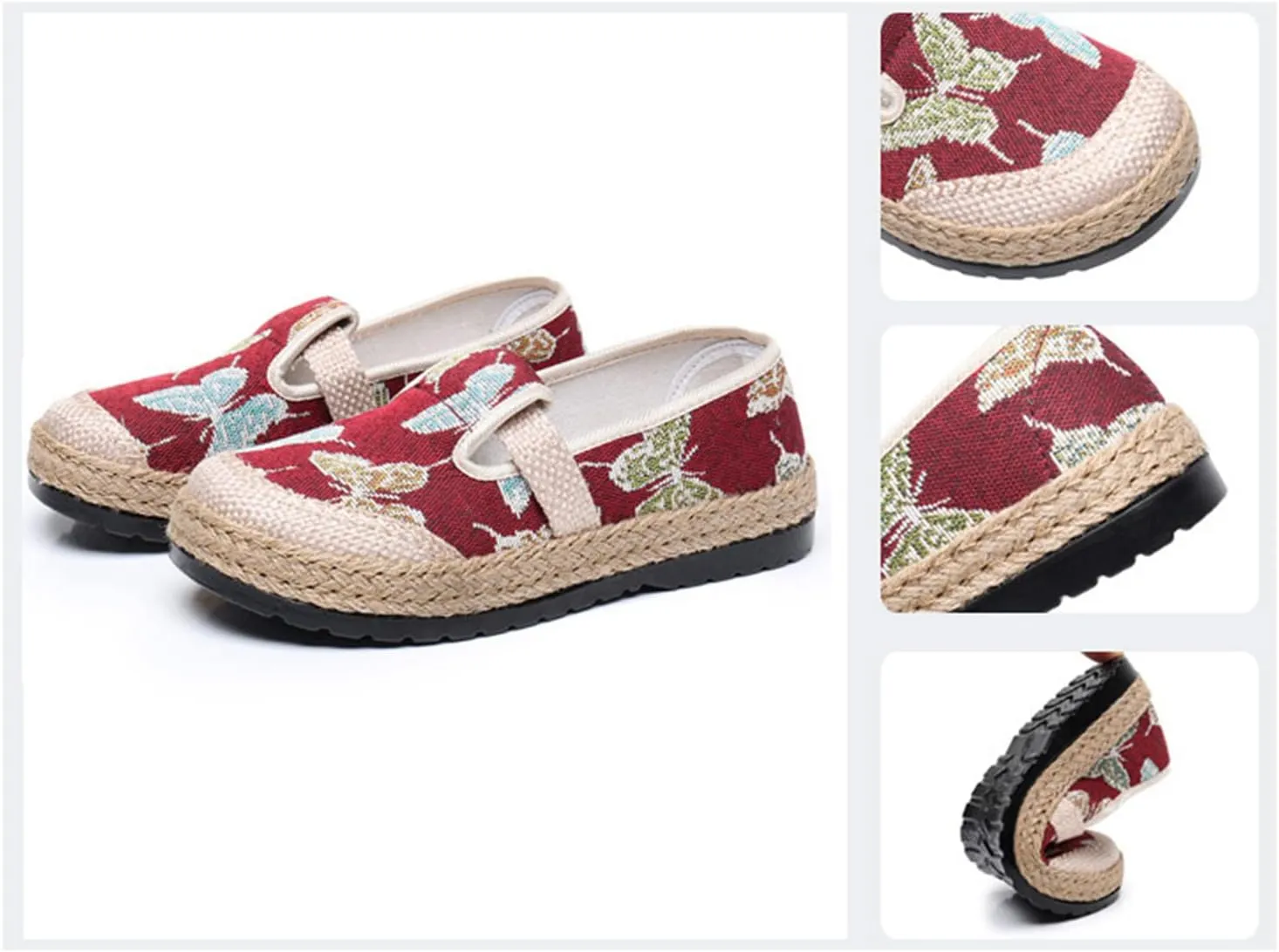 Women's Linen Woven Butterfly Embroidery Flat Loafers,Low-Top Pumps Slip On Casual Platform Espadrilles Smoking Retro Mary Janes Walking Shoes
