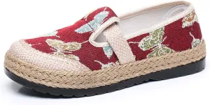Women's Linen Woven Butterfly Embroidery Flat Loafers,Low-Top Pumps Slip On Casual Platform Espadrilles Smoking Retro Mary Janes Walking Shoes