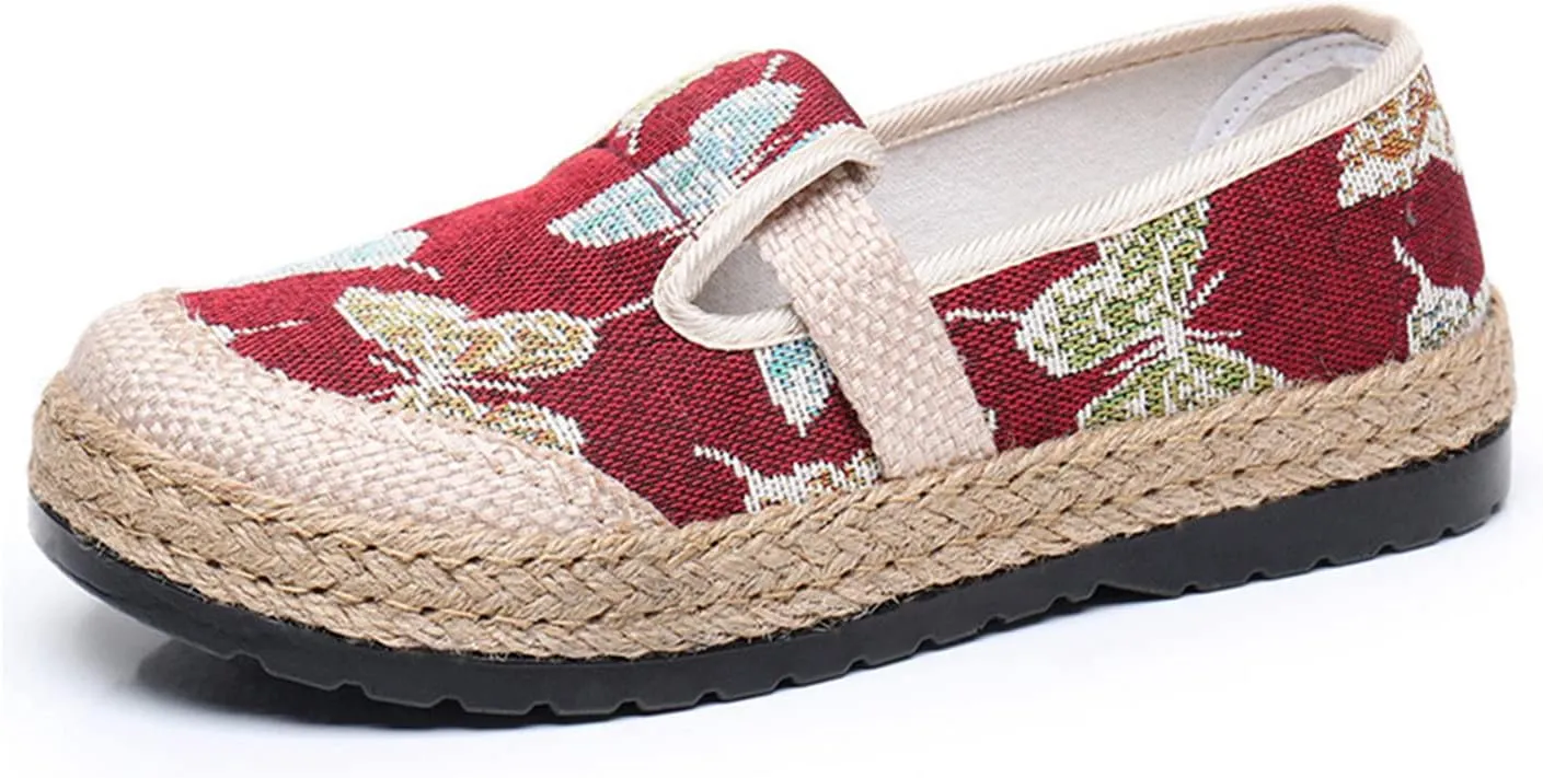 Women's Linen Woven Butterfly Embroidery Flat Loafers,Low-Top Pumps Slip On Casual Platform Espadrilles Smoking Retro Mary Janes Walking Shoes