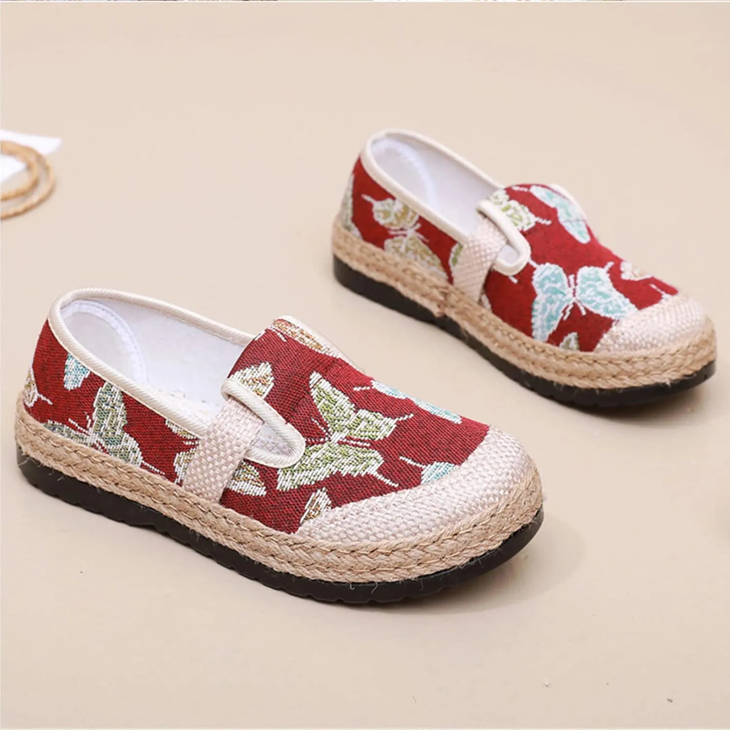 Women's Linen Woven Butterfly Embroidery Flat Loafers,Low-Top Pumps Slip On Casual Platform Espadrilles Smoking Retro Mary Janes Walking Shoes
