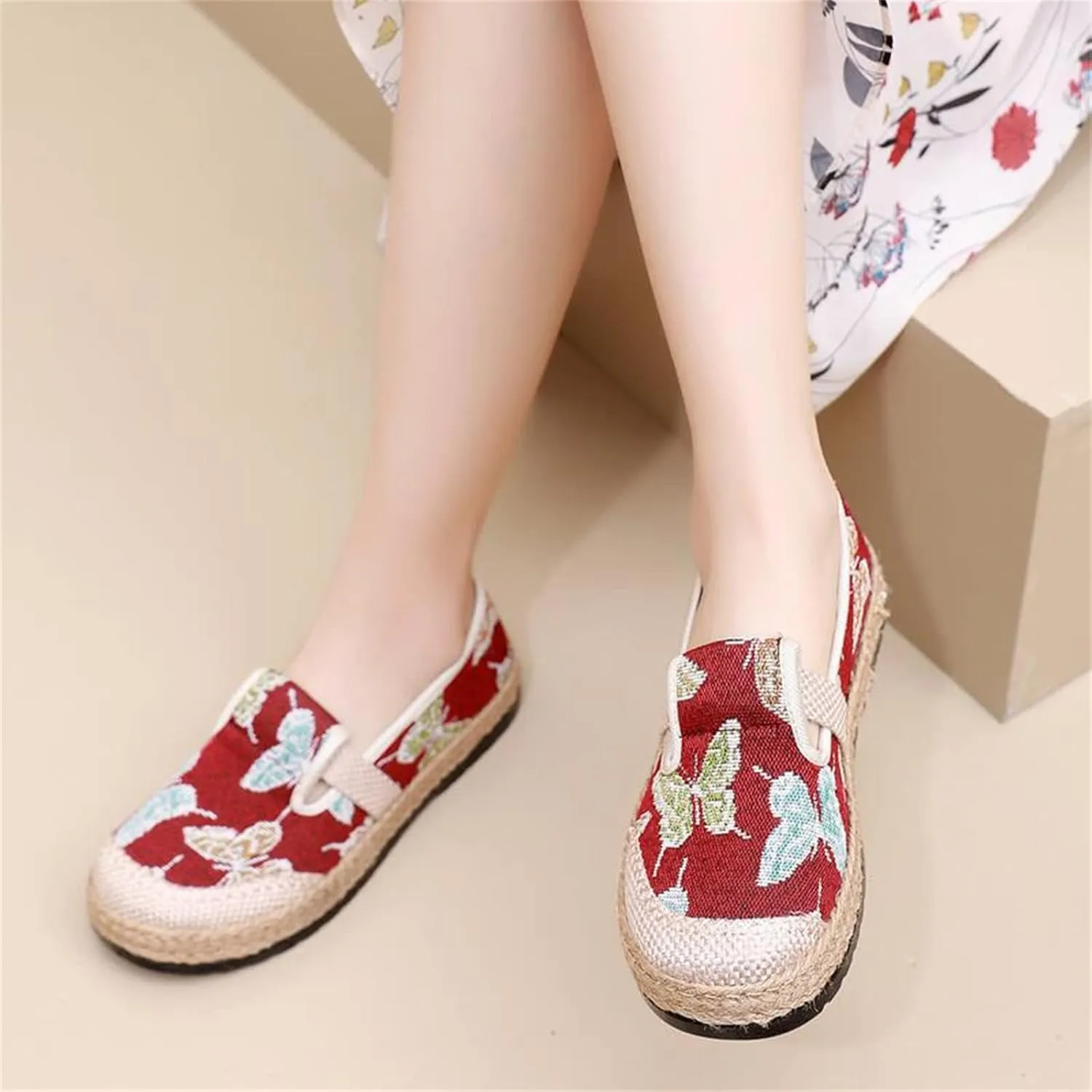 Women's Linen Woven Butterfly Embroidery Flat Loafers,Low-Top Pumps Slip On Casual Platform Espadrilles Smoking Retro Mary Janes Walking Shoes