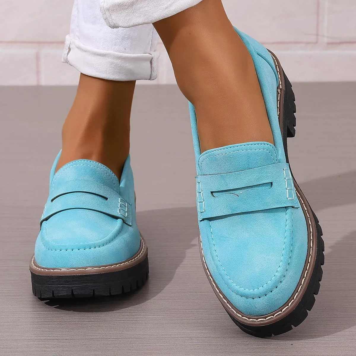 Womens Loafers Shoes Platform Chunky Penny Loafer Lug Sole Comfortable Slip On Work Office Business Casual Dress Shoes, US Size 5-11