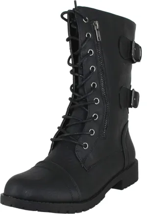 Womens Mango Round Toe Military Lace up Knit Ankle Cuff Low Heel Vegan Combat Boots