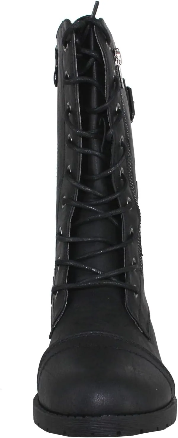 Womens Mango Round Toe Military Lace up Knit Ankle Cuff Low Heel Vegan Combat Boots