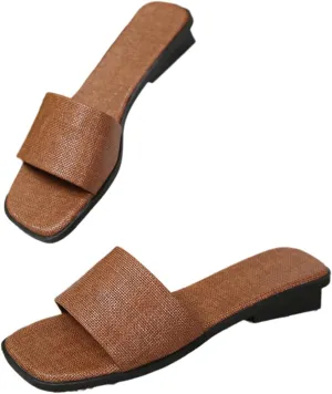 Women’s Minimalist Slide Sandals – Square Toe Flat Mules with Single Wide Strap, Lightweight Slip-On Summer Slides for Daily Wear, Travel, Beach & Casual Outfits – Brown Shimmer Look