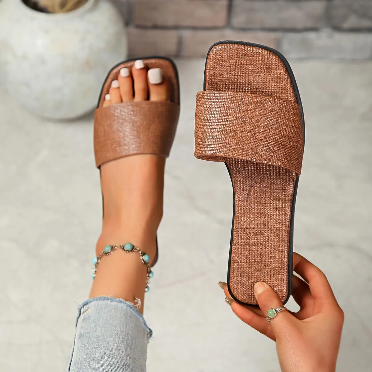 Women’s Minimalist Slide Sandals – Square Toe Flat Mules with Single Wide Strap, Lightweight Slip-On Summer Slides for Daily Wear, Travel, Beach & Casual Outfits – Brown Shimmer Look