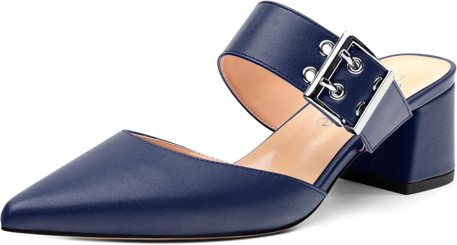 Women's Mules Buckle Adjustable Strap Pointed Toe Comfort Casual Matte Chunky Low Heel Pumps Slide Sandals 2 Inch