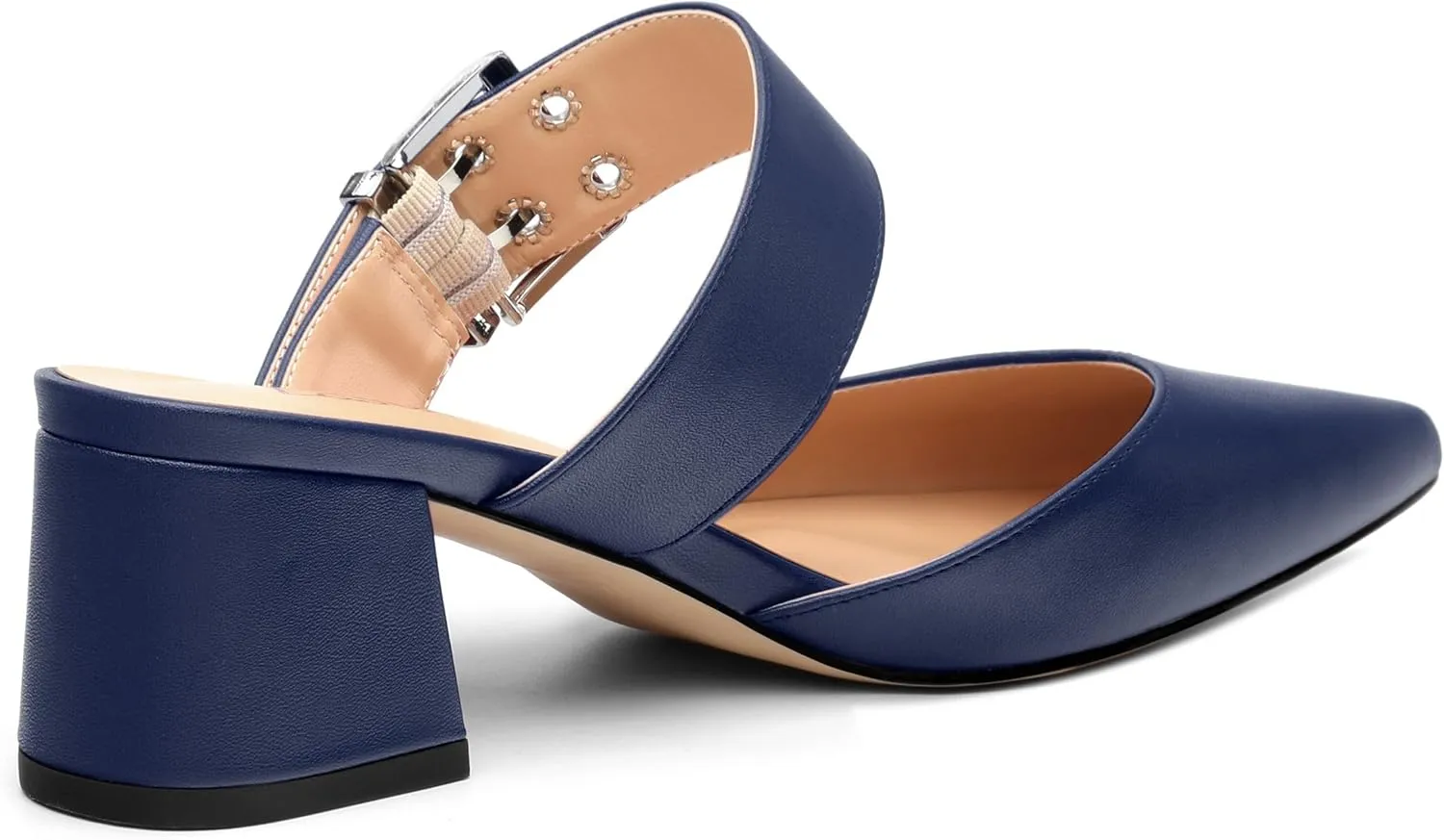 Women's Mules Buckle Adjustable Strap Pointed Toe Comfort Casual Matte Chunky Low Heel Pumps Slide Sandals 2 Inch