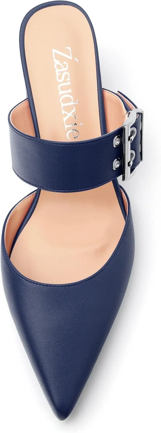 Women's Mules Buckle Adjustable Strap Pointed Toe Comfort Casual Matte Chunky Low Heel Pumps Slide Sandals 2 Inch