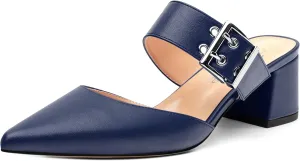 Women's Mules Buckle Adjustable Strap Pointed Toe Comfort Casual Matte Chunky Low Heel Pumps Slide Sandals 2 Inch