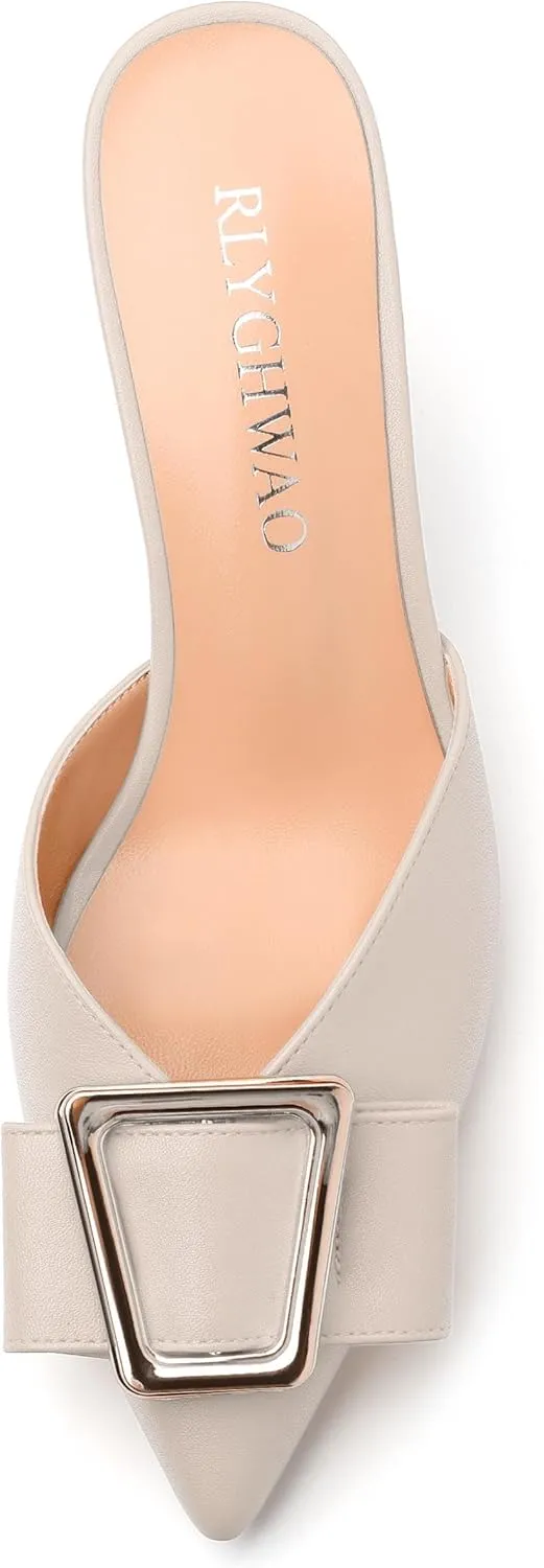Women's Mules, Buckle Pointed Toe High Heels, Fashion Slide Sandals for Daily Working Dating