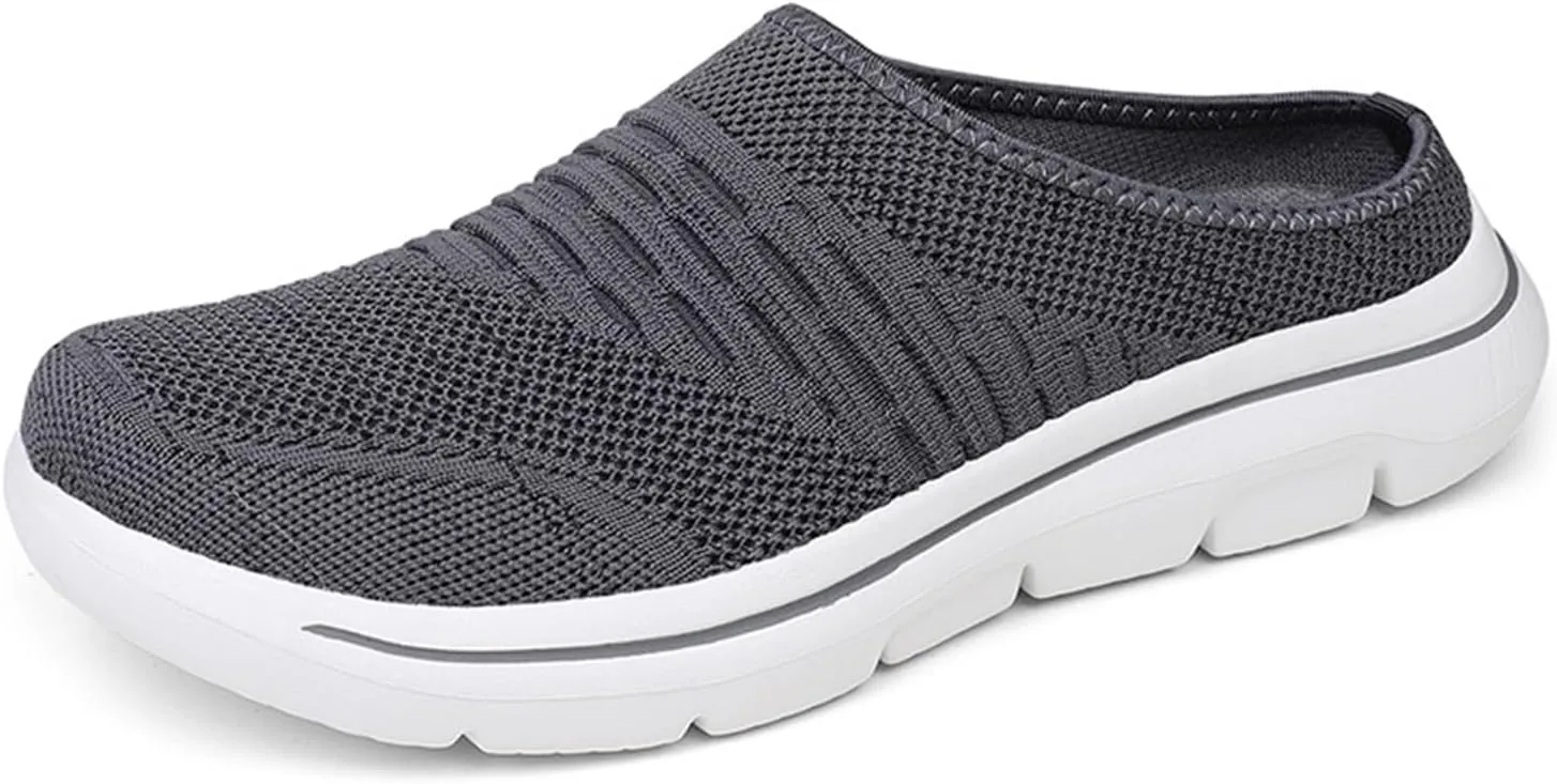Womens Mules Slip On Knit Flats Backless Walking Sneakers Breathable Mesh Slippers Slip-On Open Back Mule Outdoor Sports Wedge Mule Lightweight Beach Shoes