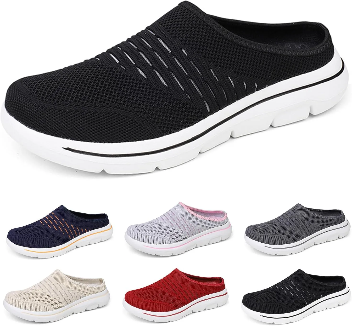 Womens Mules Slip On Knit Flats Backless Walking Sneakers Breathable Mesh Slippers Slip-On Open Back Mule Outdoor Sports Wedge Mule Lightweight Beach Shoes