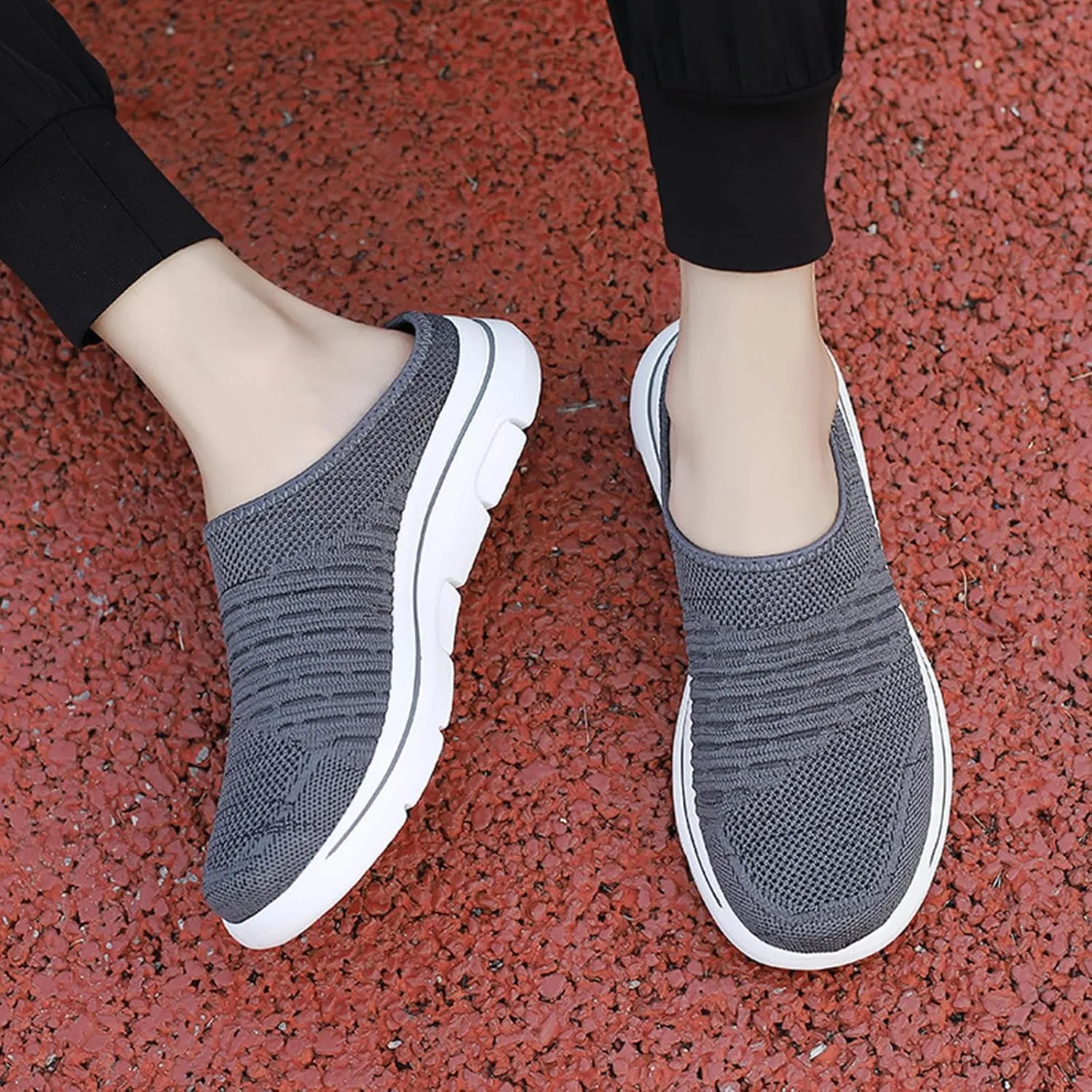 Womens Mules Slip On Knit Flats Backless Walking Sneakers Breathable Mesh Slippers Slip-On Open Back Mule Outdoor Sports Wedge Mule Lightweight Beach Shoes