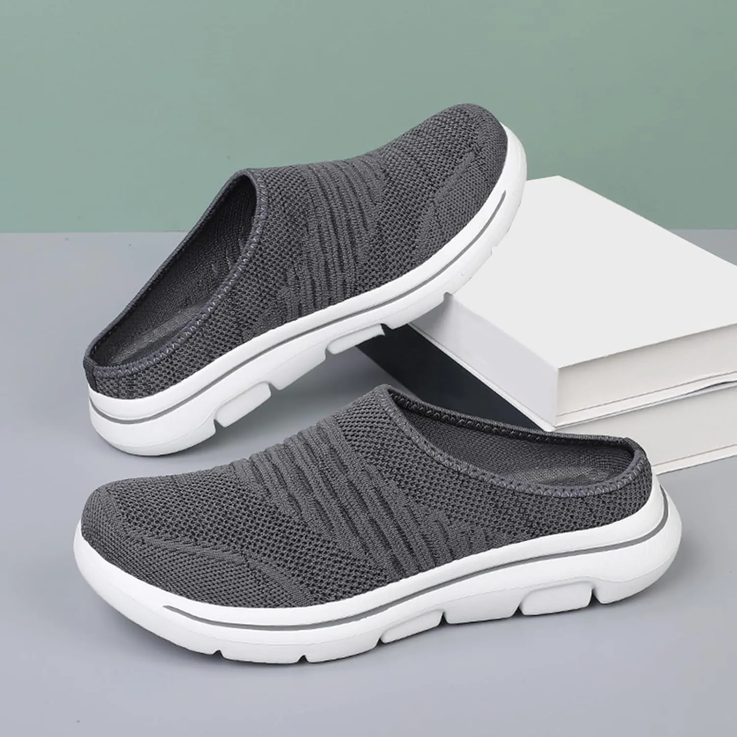 Womens Mules Slip On Knit Flats Backless Walking Sneakers Breathable Mesh Slippers Slip-On Open Back Mule Outdoor Sports Wedge Mule Lightweight Beach Shoes