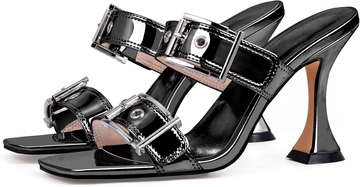 Women's Open Square Toe Heeled Sandals Sexy Stiletto High Heel Slip On Buckle Strap Patent Leather Casual Party Shoes