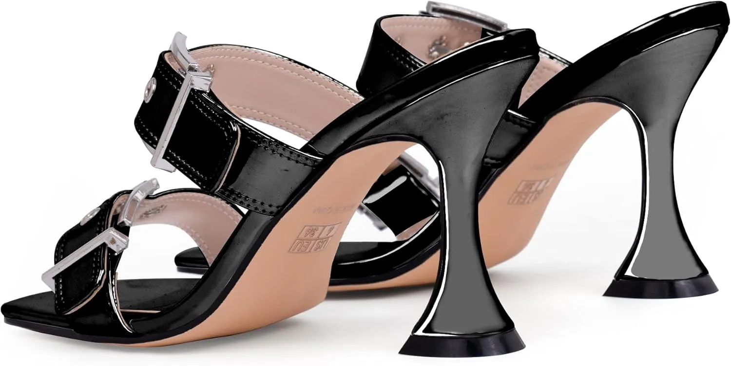 Women's Open Square Toe Heeled Sandals Sexy Stiletto High Heel Slip On Buckle Strap Patent Leather Casual Party Shoes