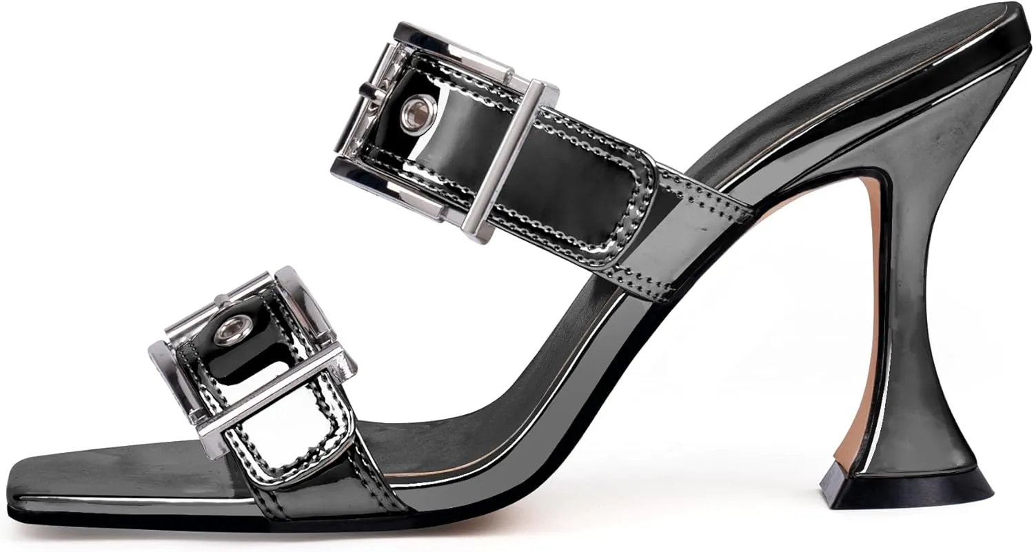 Women's Open Square Toe Heeled Sandals Sexy Stiletto High Heel Slip On Buckle Strap Patent Leather Casual Party Shoes