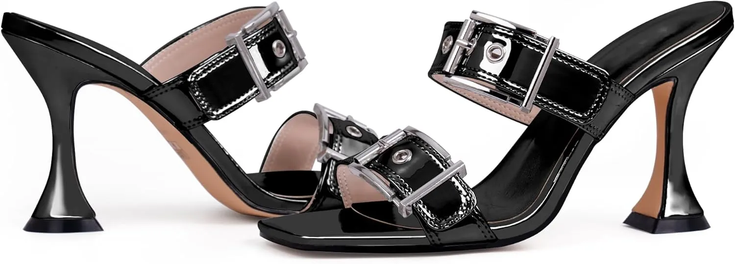 Women's Open Square Toe Heeled Sandals Sexy Stiletto High Heel Slip On Buckle Strap Patent Leather Casual Party Shoes