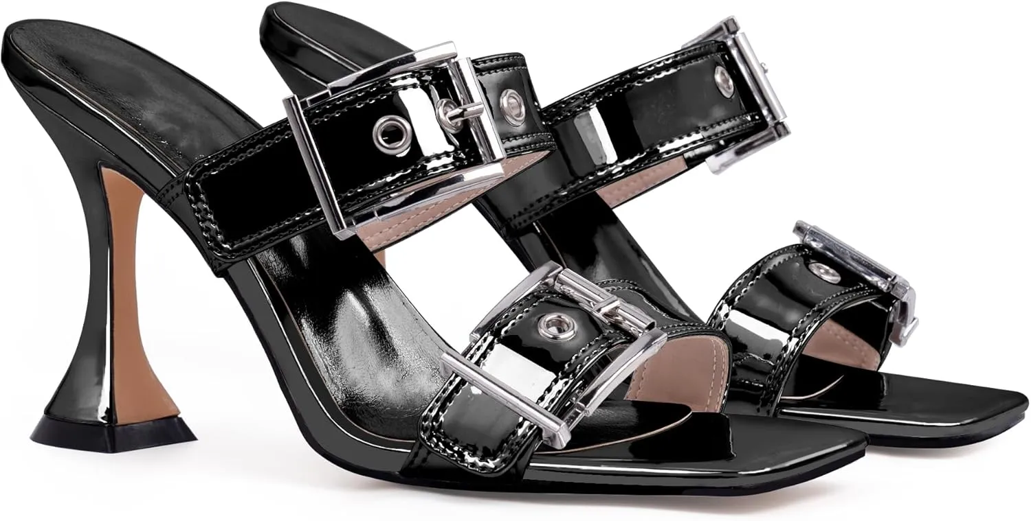 Women's Open Square Toe Heeled Sandals Sexy Stiletto High Heel Slip On Buckle Strap Patent Leather Casual Party Shoes