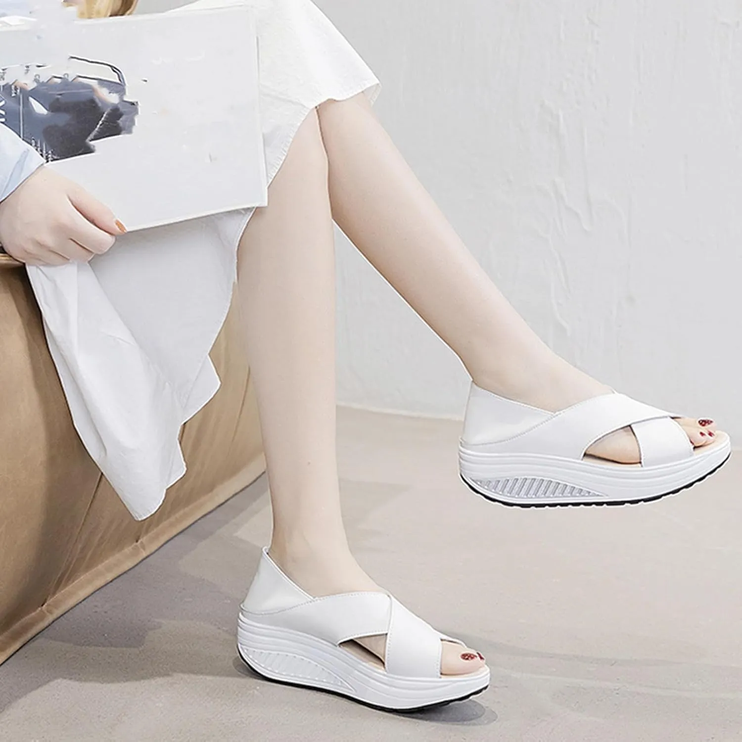 Women's Open Toe Crossover Platform Rocker Sandals,Fish Mouth Wedge Slip-on Casual Outdoor Beach Slipper Comfort Arch Support Walking Sandals