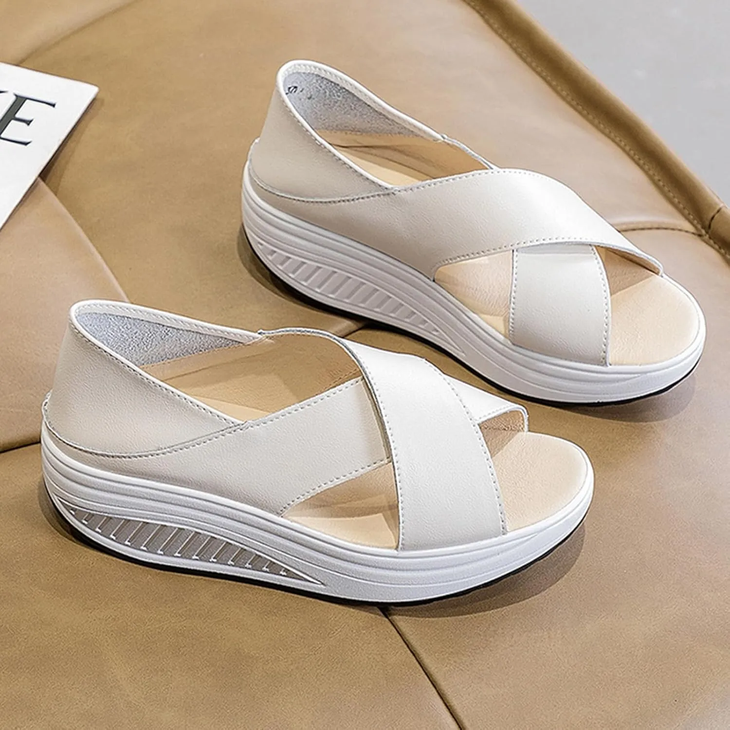 Women's Open Toe Crossover Platform Rocker Sandals,Fish Mouth Wedge Slip-on Casual Outdoor Beach Slipper Comfort Arch Support Walking Sandals