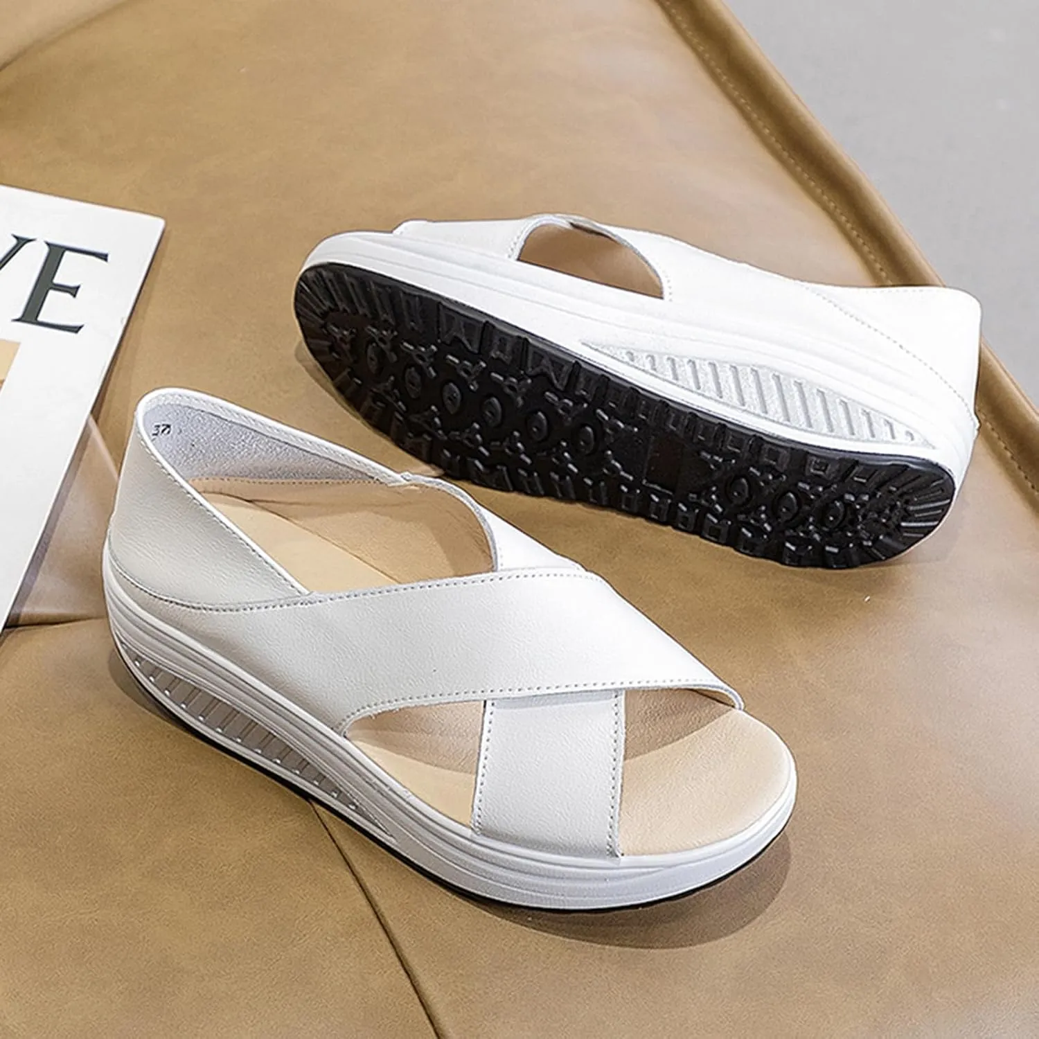 Women's Open Toe Crossover Platform Rocker Sandals,Fish Mouth Wedge Slip-on Casual Outdoor Beach Slipper Comfort Arch Support Walking Sandals