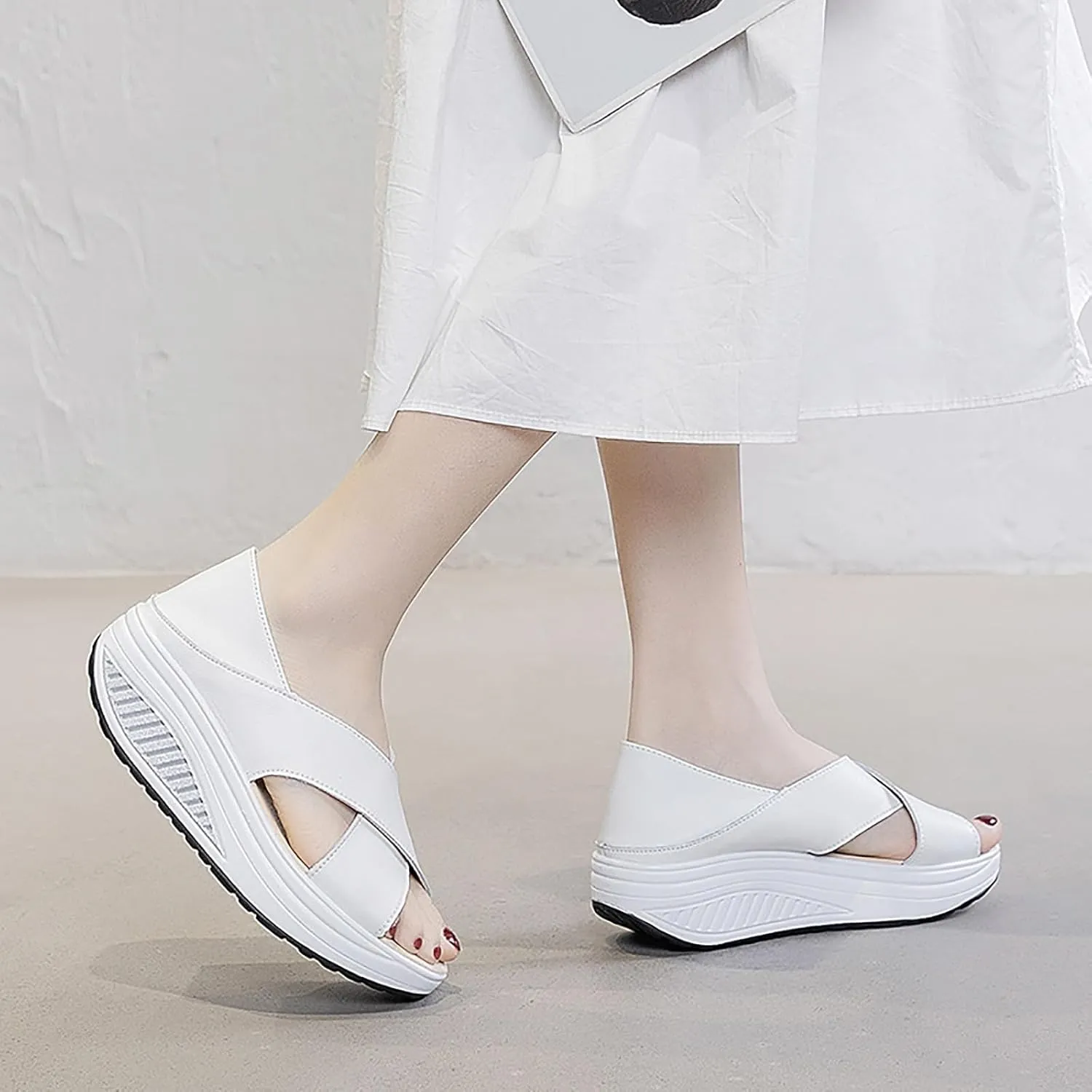 Women's Open Toe Crossover Platform Rocker Sandals,Fish Mouth Wedge Slip-on Casual Outdoor Beach Slipper Comfort Arch Support Walking Sandals