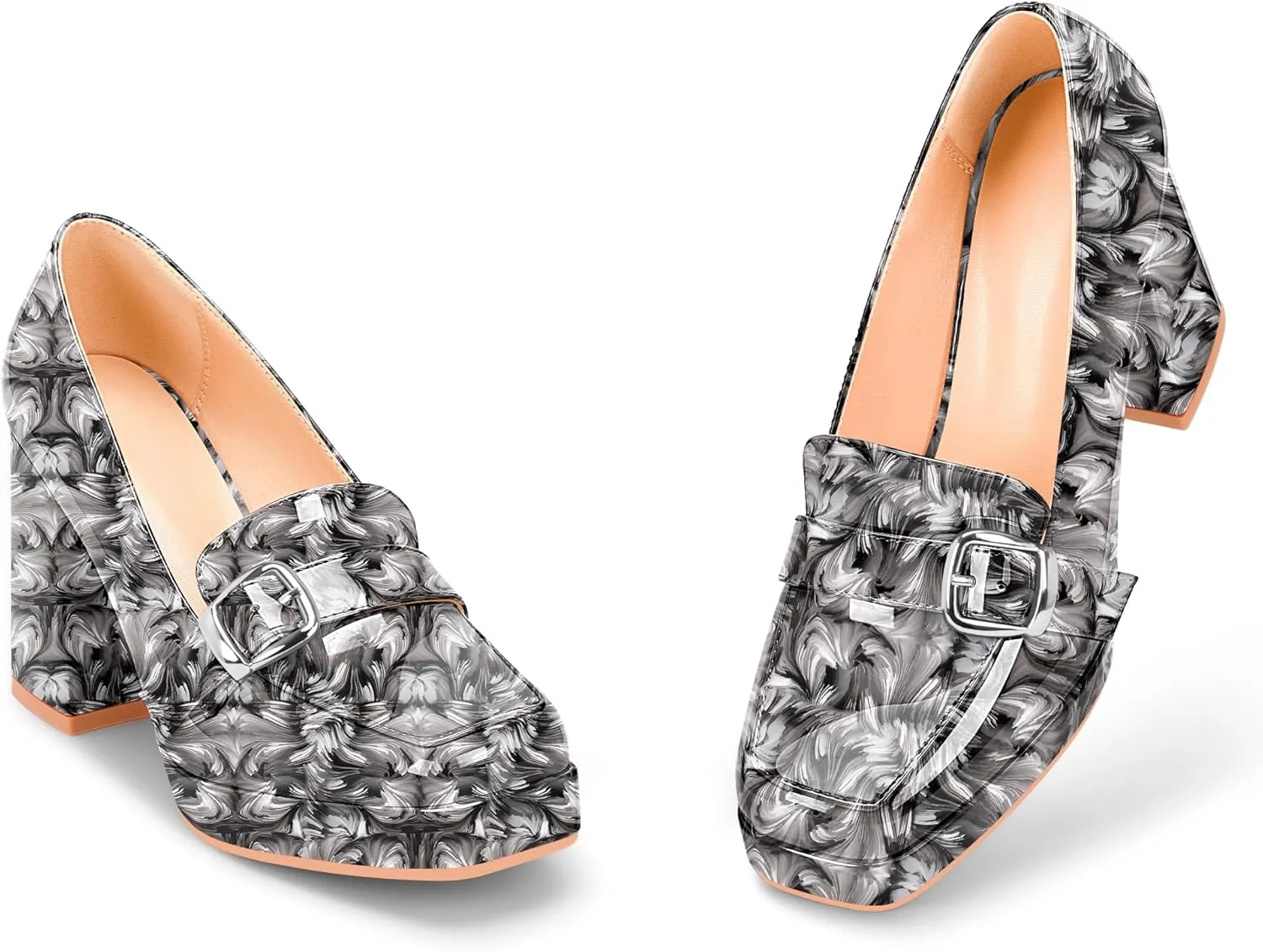 Women's Platform Chunky High Heel Loafers Patent Leather Buckle Pumps Office Dress Shoes