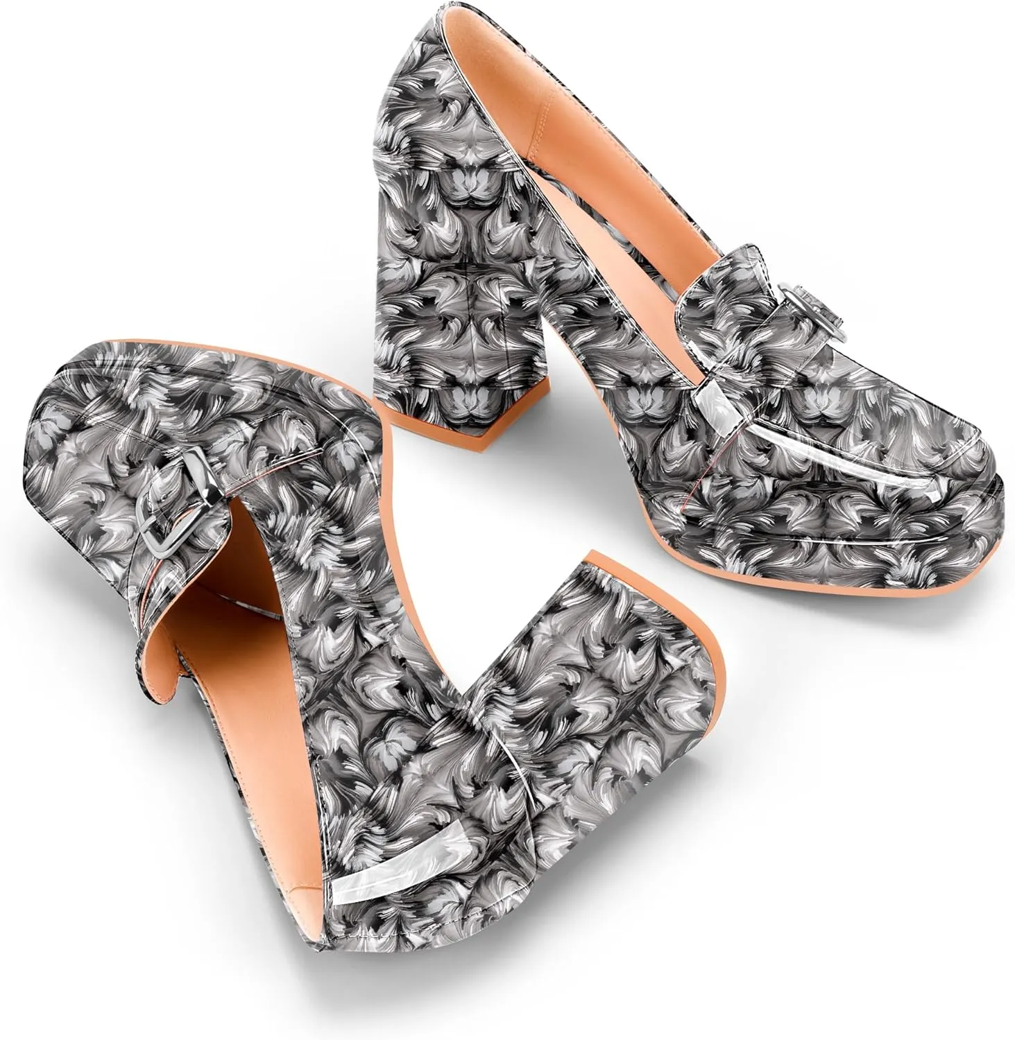 Women's Platform Chunky High Heel Loafers Patent Leather Buckle Pumps Office Dress Shoes