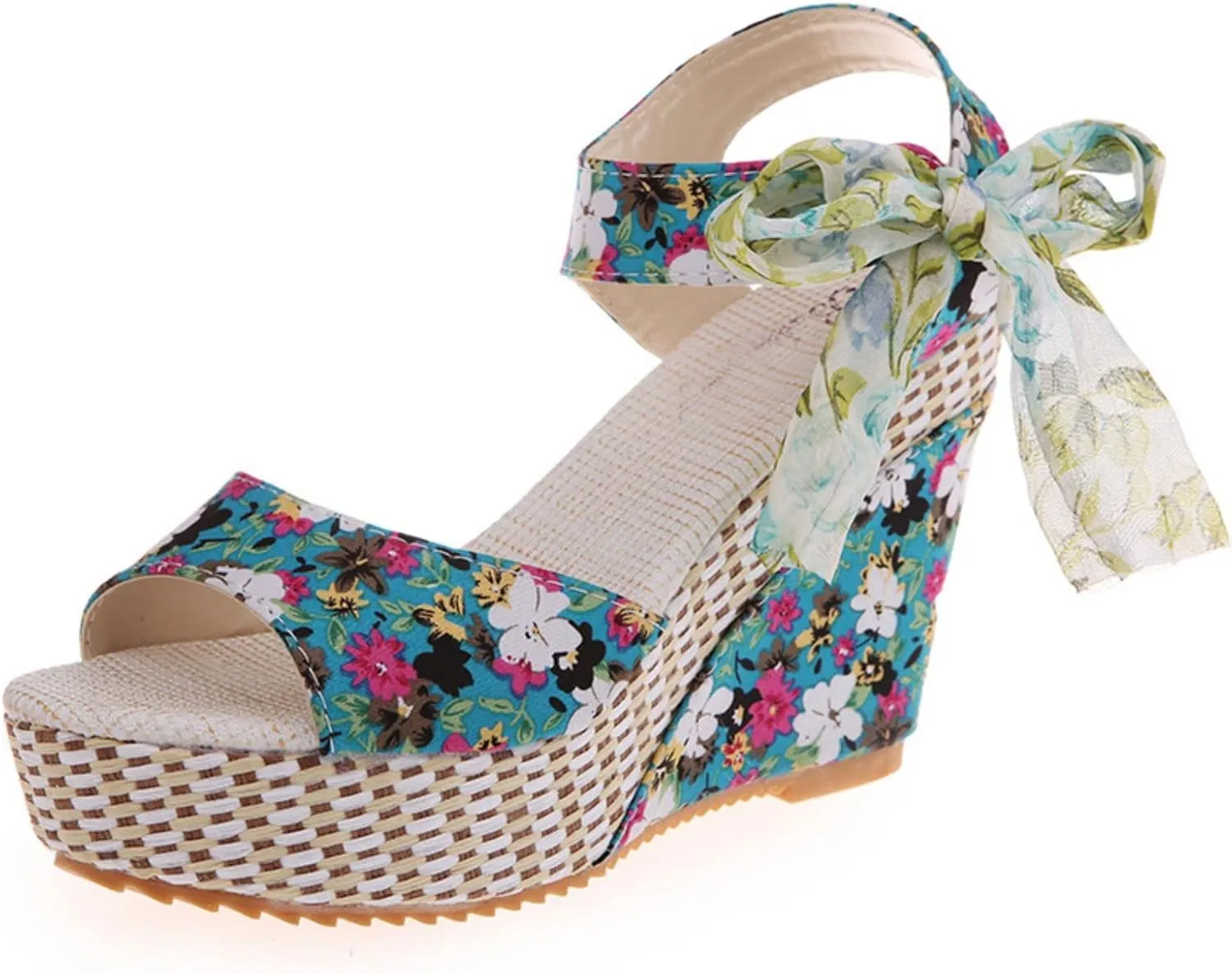 Womens Platform Espadrille Wedges Open Toe High Heel Floral Printed Slingback with Ankle Strap Bowknot Sandals Bow Dress Shoes Tie Lace Up Summer Sandal Wedding Dressy Beach Going Out Trendy Sandal