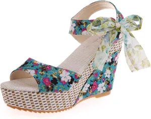 Womens Platform Espadrille Wedges Open Toe High Heel Floral Printed Slingback with Ankle Strap Bowknot Sandals Bow Dress Shoes Tie Lace Up Summer Sandal Wedding Dressy Beach Going Out Trendy Sandal