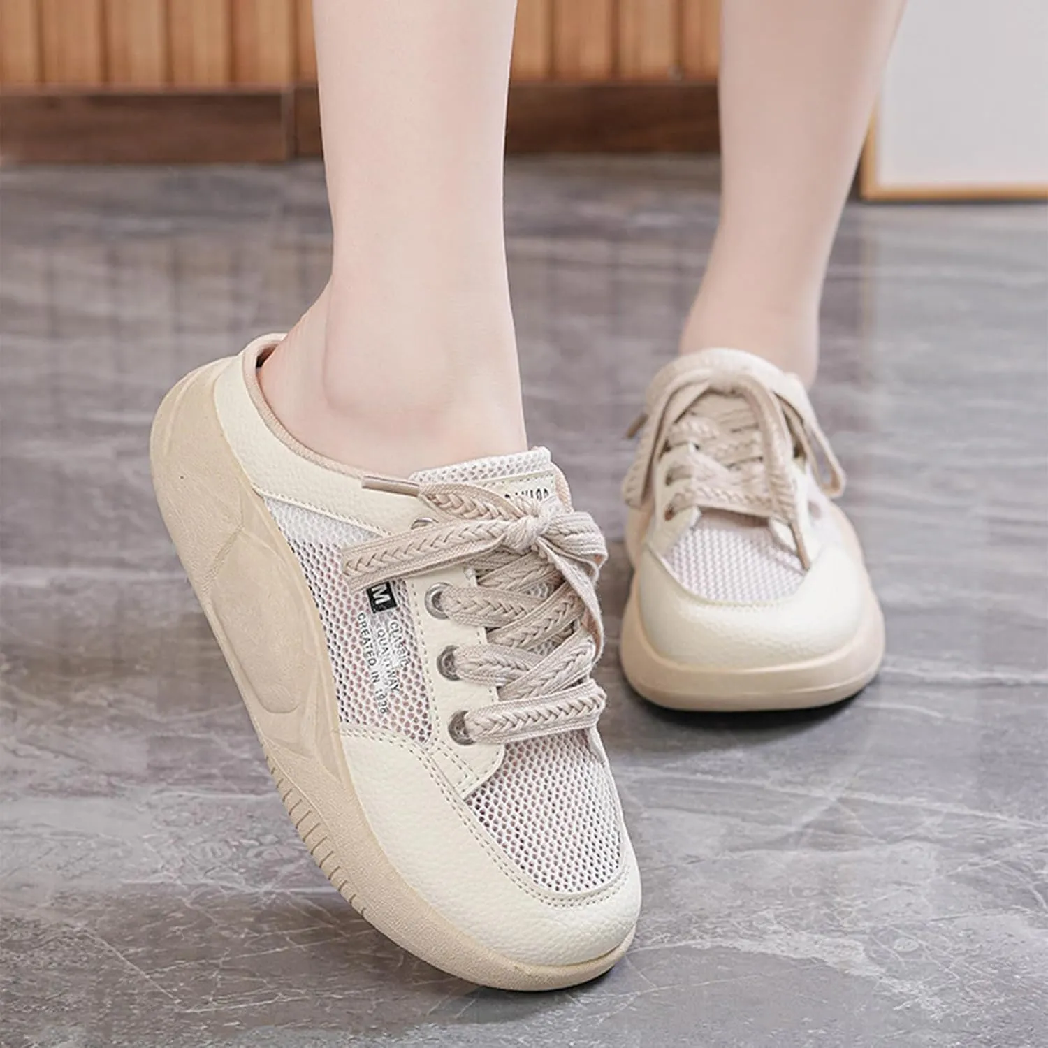 Women's Platform Lace Mesh Casual Mule Shoes,Closed Round Toe Lace Up Slip-On Non-Slip Walking Shoes with Arch Support Lightweight Breathable Outdoor Slippers Sneakers