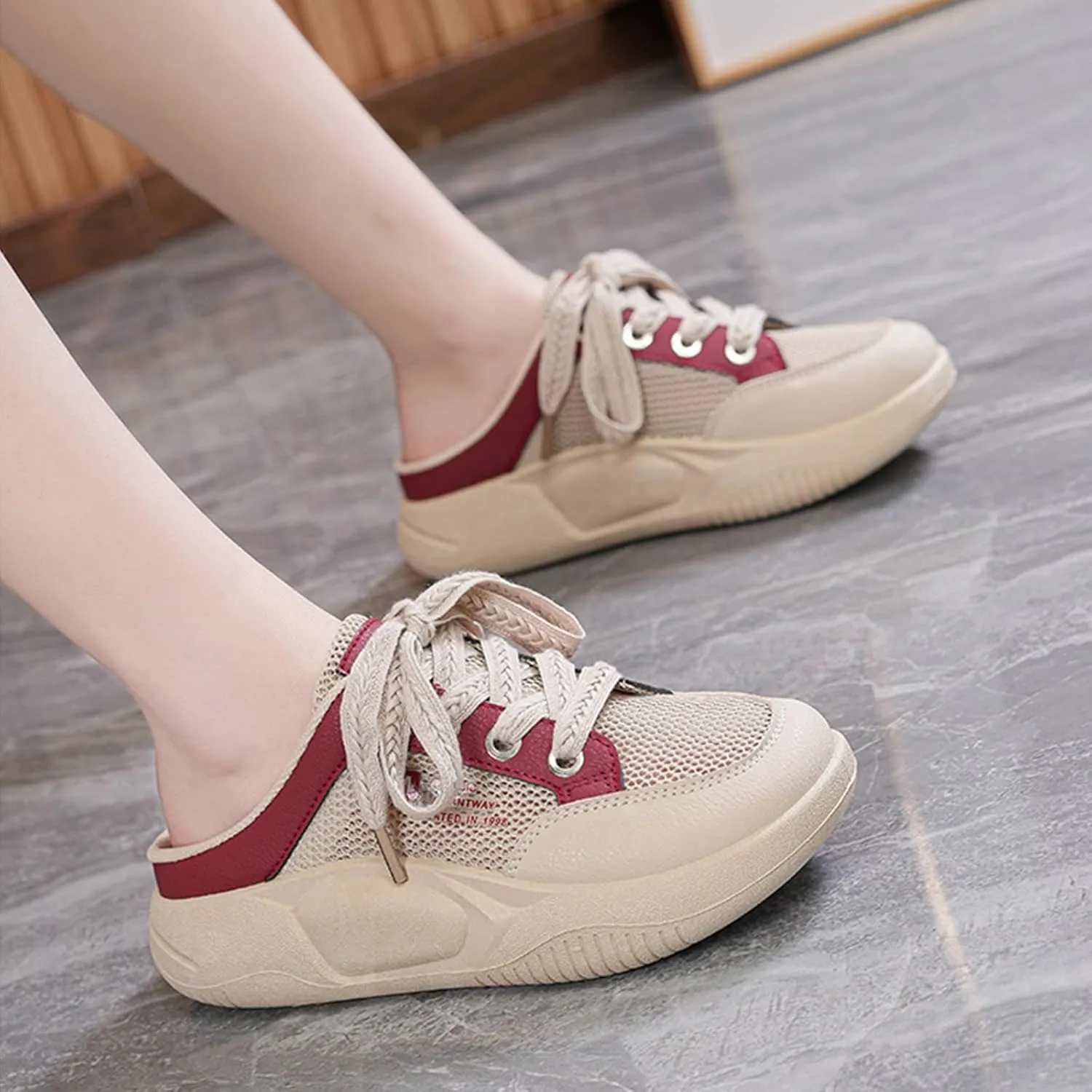 Women's Platform Lace Mesh Casual Mule Shoes,Closed Round Toe Lace Up Slip-On Non-Slip Walking Shoes with Arch Support Lightweight Breathable Outdoor Slippers Sneakers