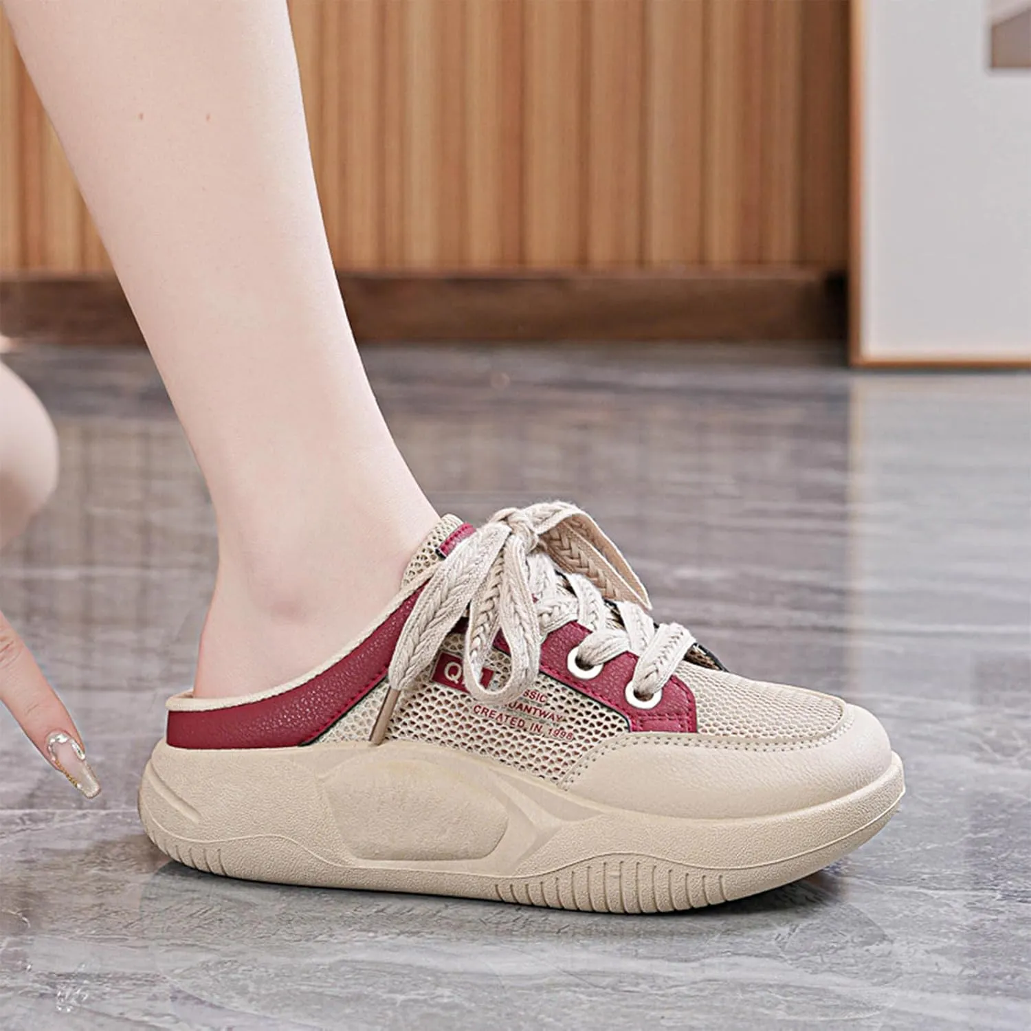 Women's Platform Lace Mesh Casual Mule Shoes,Closed Round Toe Lace Up Slip-On Non-Slip Walking Shoes with Arch Support Lightweight Breathable Outdoor Slippers Sneakers