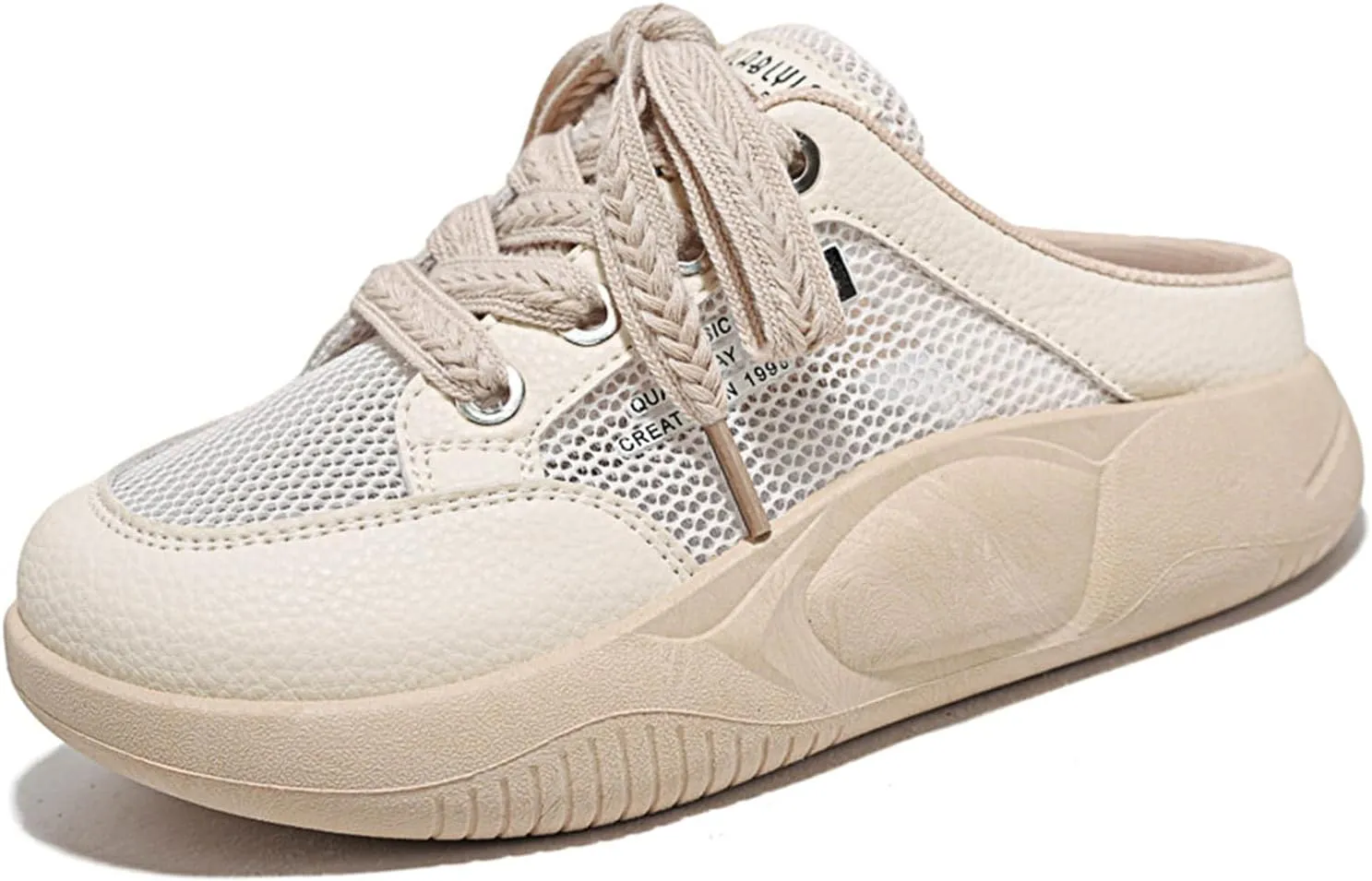 Women's Platform Lace Mesh Casual Mule Shoes,Closed Round Toe Lace Up Slip-On Non-Slip Walking Shoes with Arch Support Lightweight Breathable Outdoor Slippers Sneakers