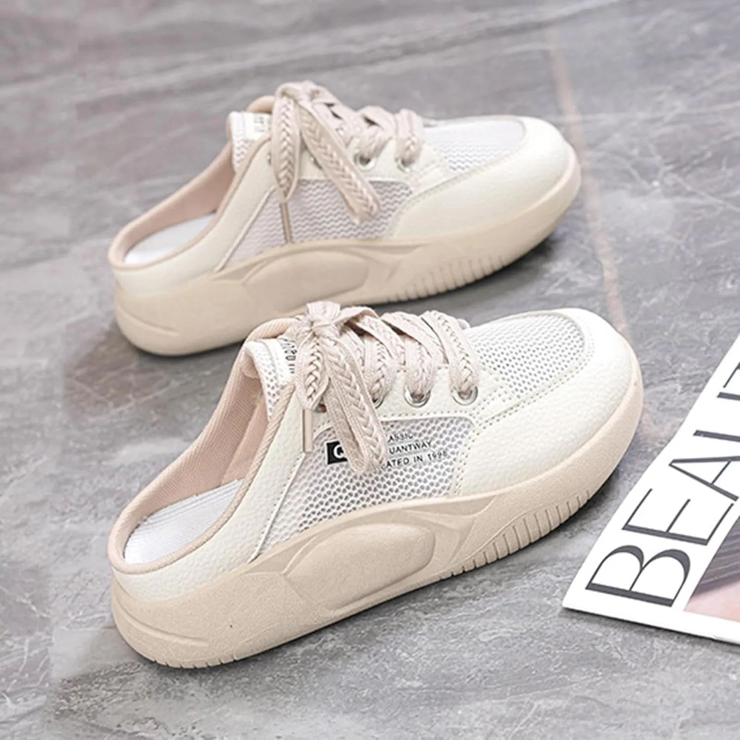 Women's Platform Lace Mesh Casual Mule Shoes,Closed Round Toe Lace Up Slip-On Non-Slip Walking Shoes with Arch Support Lightweight Breathable Outdoor Slippers Sneakers