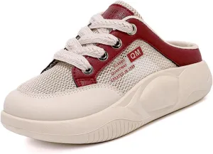Women's Platform Lace Mesh Casual Mule Shoes,Closed Round Toe Lace Up Slip-On Non-Slip Walking Shoes with Arch Support Lightweight Breathable Outdoor Slippers Sneakers