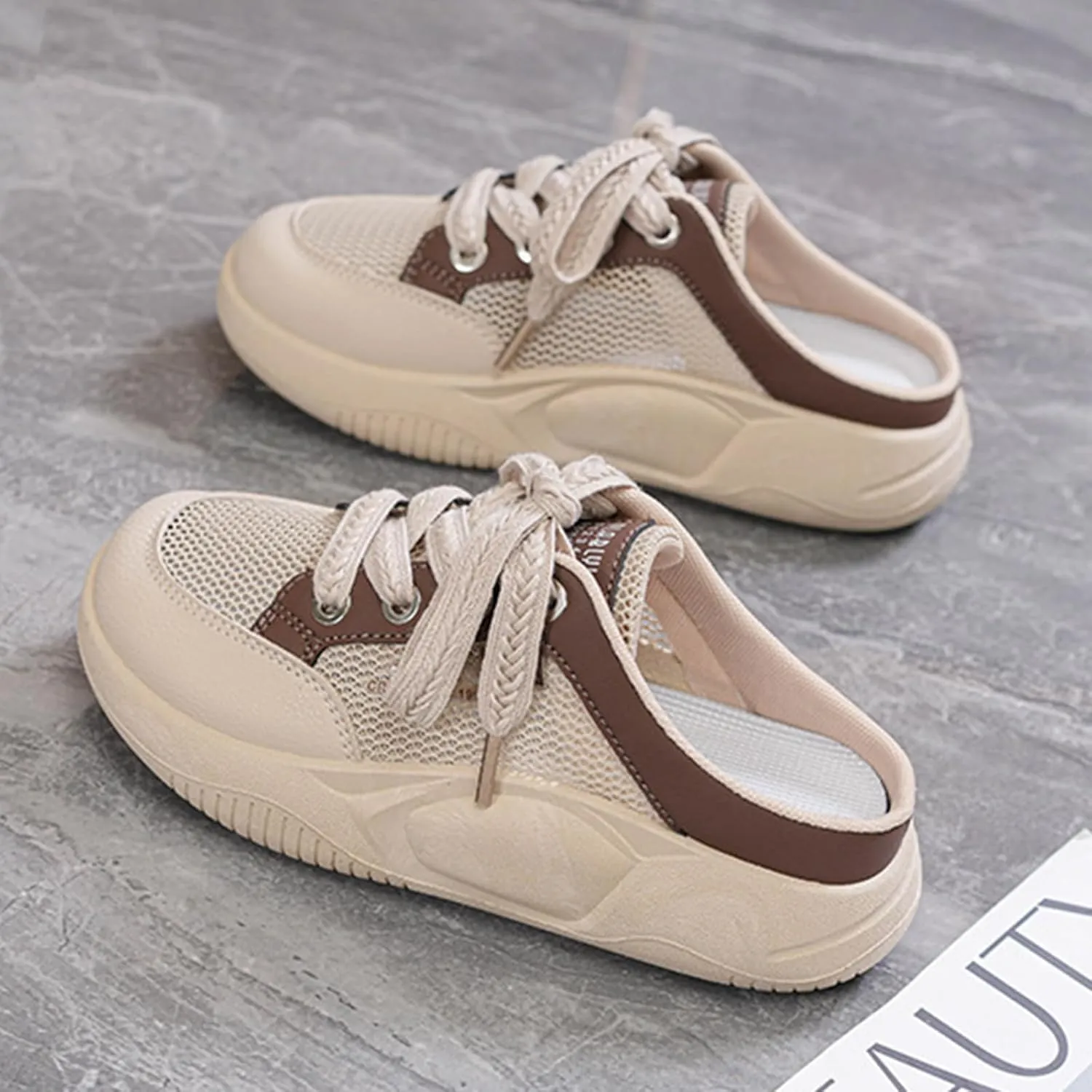 Women's Platform Lace Mesh Casual Mule Shoes,Closed Round Toe Lace Up Slip-On Non-Slip Walking Shoes with Arch Support Lightweight Breathable Outdoor Slippers Sneakers