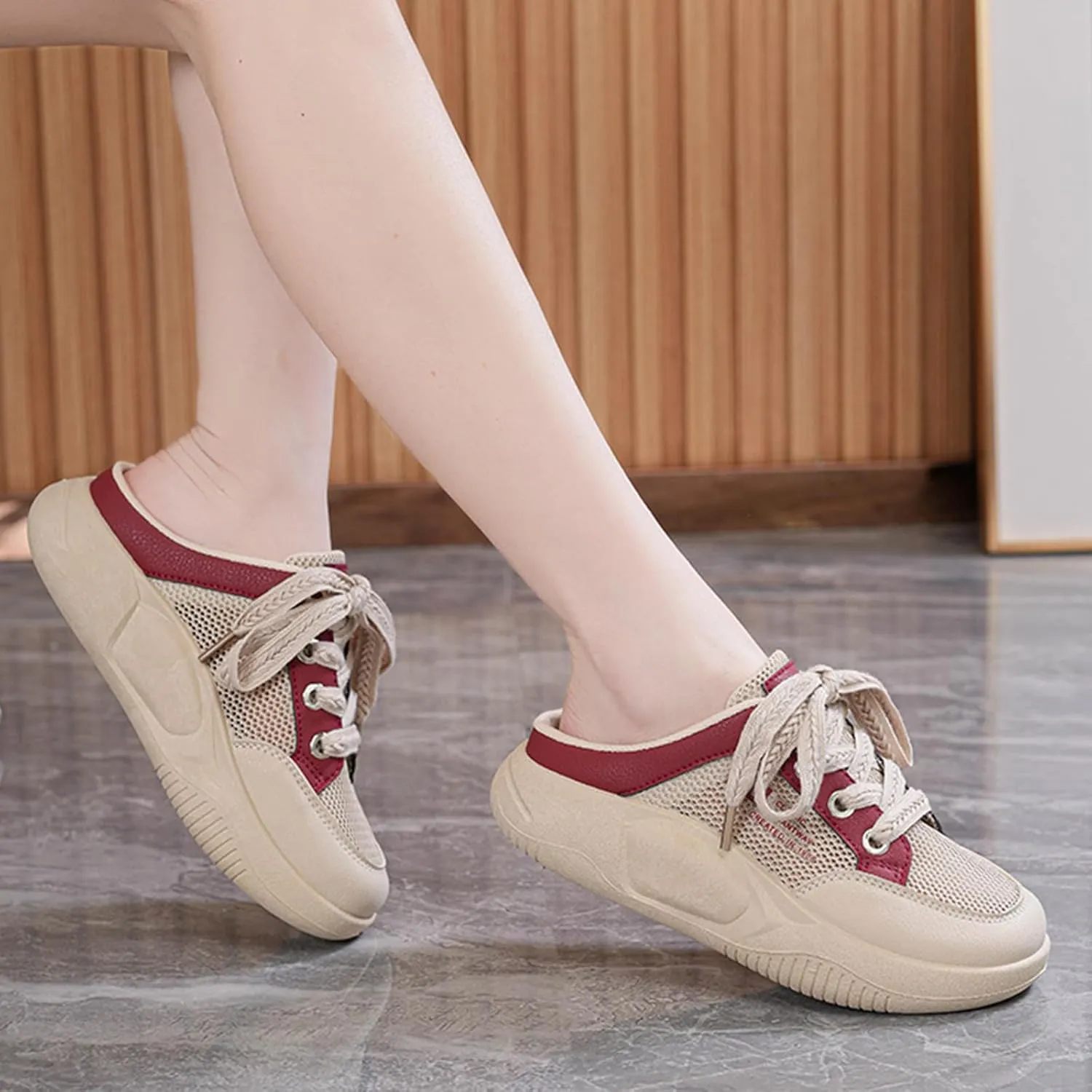 Women's Platform Lace Mesh Casual Mule Shoes,Closed Round Toe Lace Up Slip-On Non-Slip Walking Shoes with Arch Support Lightweight Breathable Outdoor Slippers Sneakers