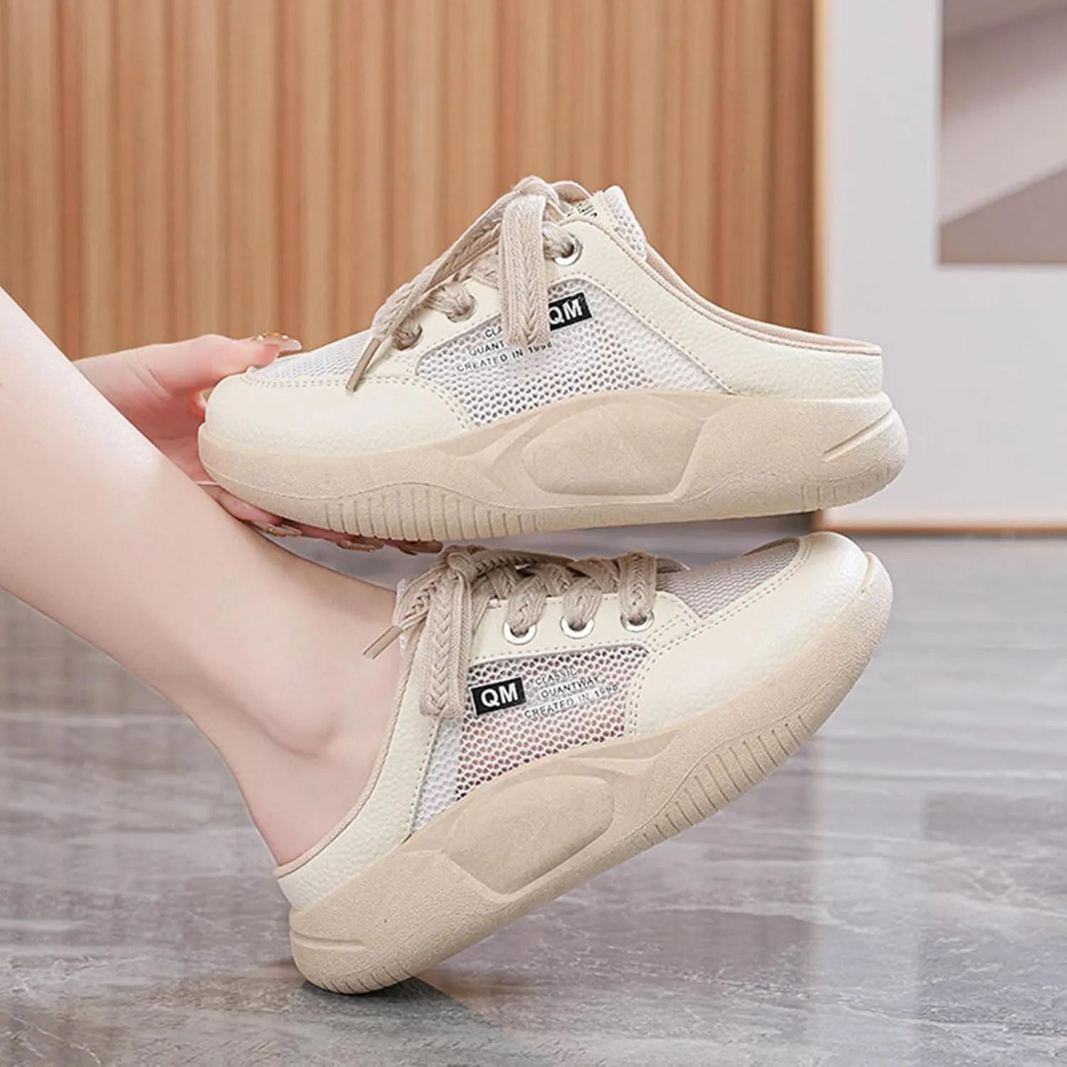Women's Platform Lace Mesh Casual Mule Shoes,Closed Round Toe Lace Up Slip-On Non-Slip Walking Shoes with Arch Support Lightweight Breathable Outdoor Slippers Sneakers