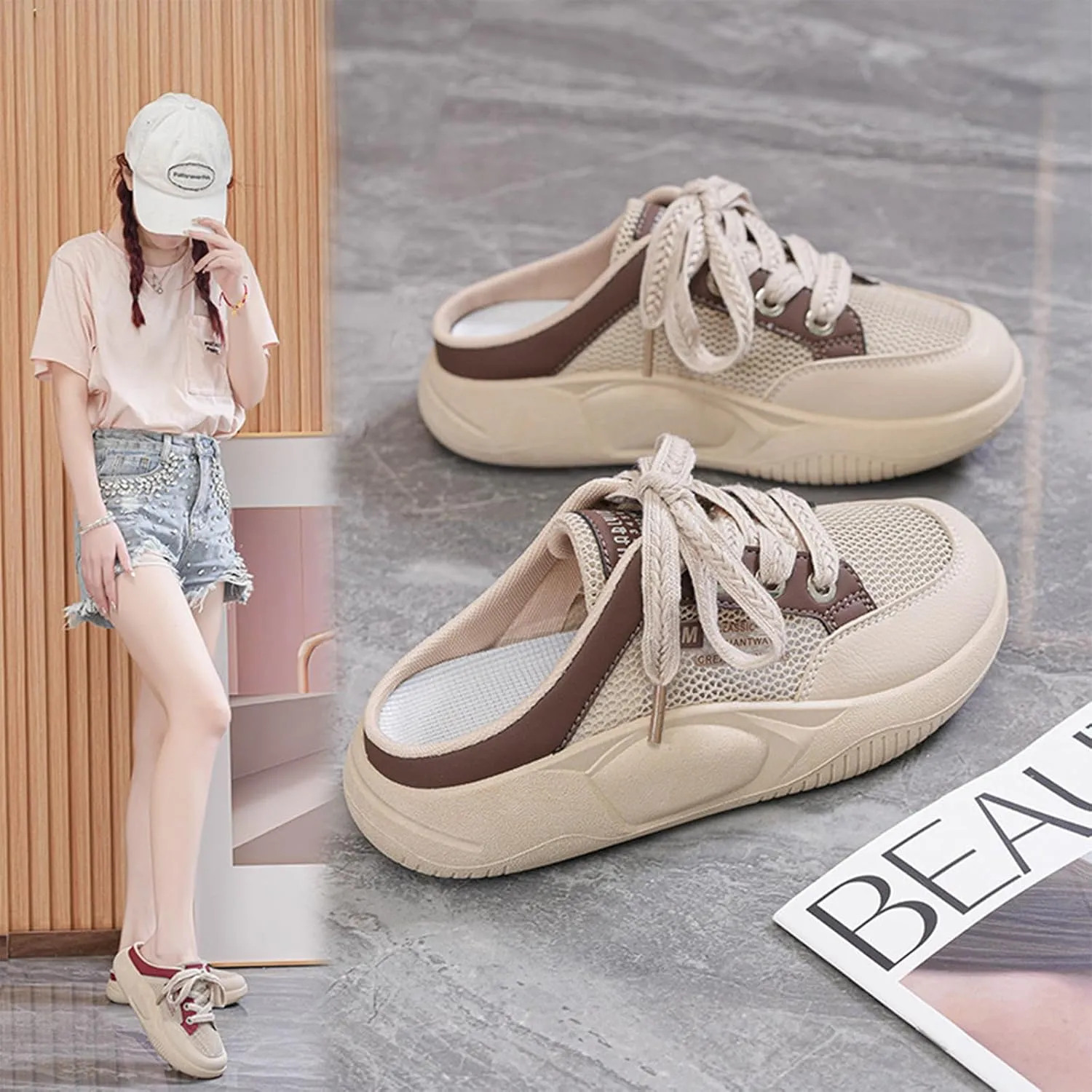 Women's Platform Lace Mesh Casual Mule Shoes,Closed Round Toe Lace Up Slip-On Non-Slip Walking Shoes with Arch Support Lightweight Breathable Outdoor Slippers Sneakers