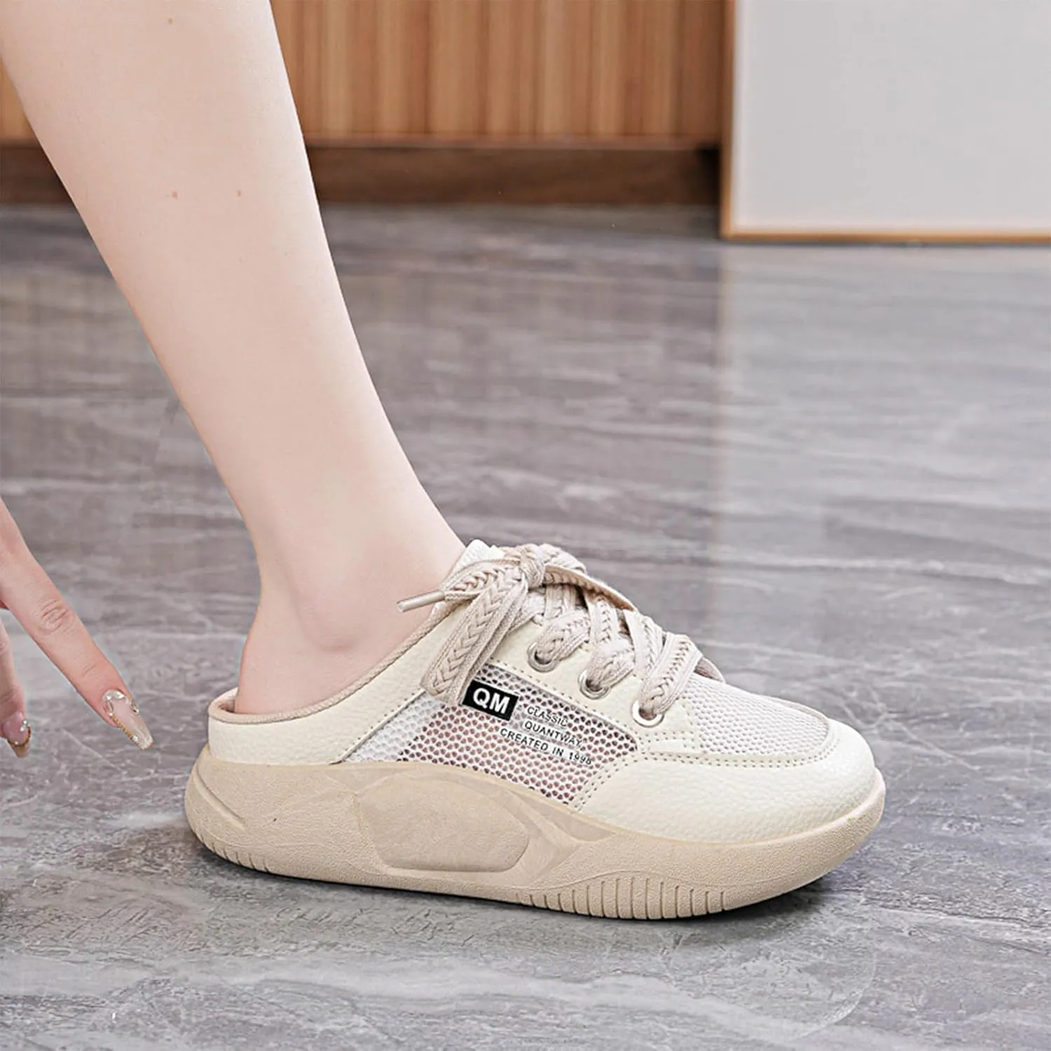 Women's Platform Lace Mesh Casual Mule Shoes,Closed Round Toe Lace Up Slip-On Non-Slip Walking Shoes with Arch Support Lightweight Breathable Outdoor Slippers Sneakers