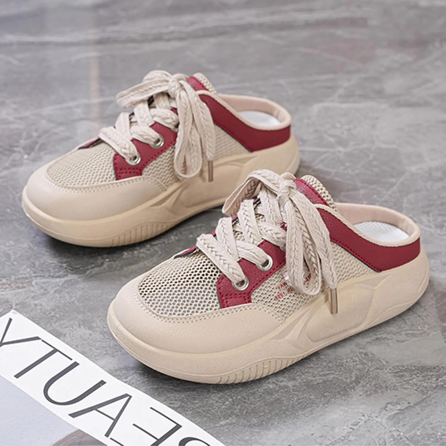 Women's Platform Lace Mesh Casual Mule Shoes,Closed Round Toe Lace Up Slip-On Non-Slip Walking Shoes with Arch Support Lightweight Breathable Outdoor Slippers Sneakers