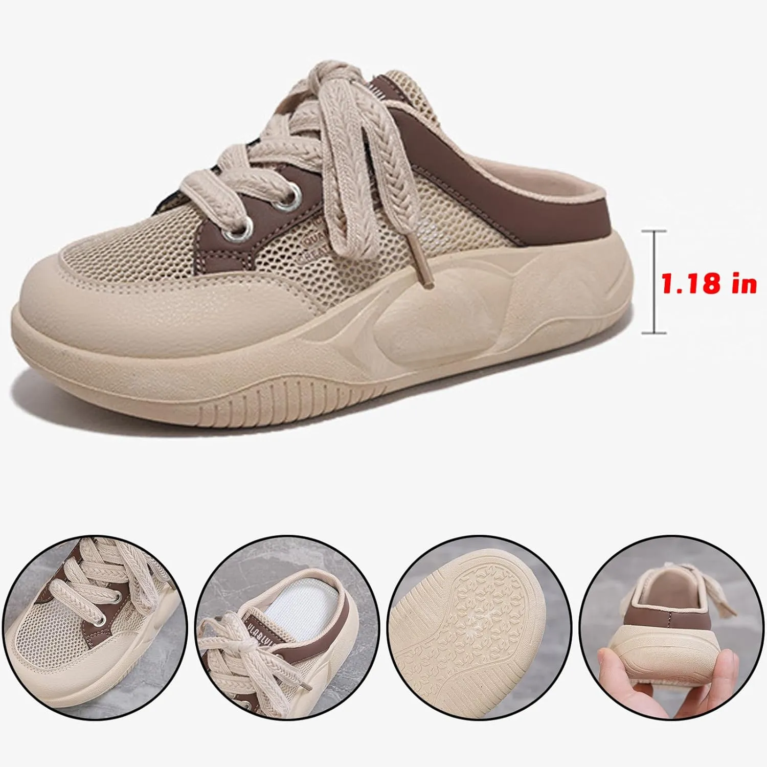 Women's Platform Lace Mesh Casual Mule Shoes,Closed Round Toe Lace Up Slip-On Non-Slip Walking Shoes with Arch Support Lightweight Breathable Outdoor Slippers Sneakers