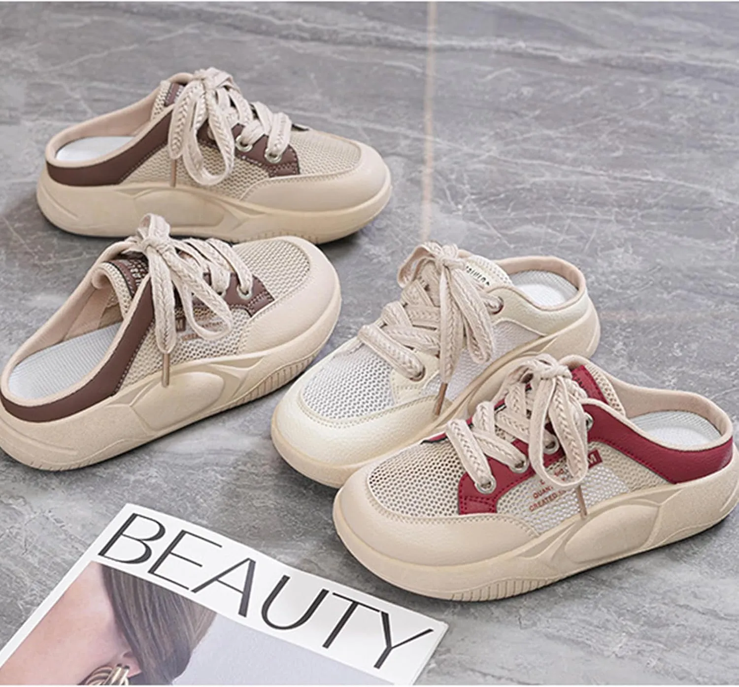 Women's Platform Lace Mesh Casual Mule Shoes,Closed Round Toe Lace Up Slip-On Non-Slip Walking Shoes with Arch Support Lightweight Breathable Outdoor Slippers Sneakers