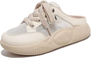 Women's Platform Lace Mesh Casual Mule Shoes,Closed Round Toe Lace Up Slip-On Non-Slip Walking Shoes with Arch Support Lightweight Breathable Outdoor Slippers Sneakers