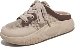 Women's Platform Lace Mesh Casual Mule Shoes,Closed Round Toe Lace Up Slip-On Non-Slip Walking Shoes with Arch Support Lightweight Breathable Outdoor Slippers Sneakers